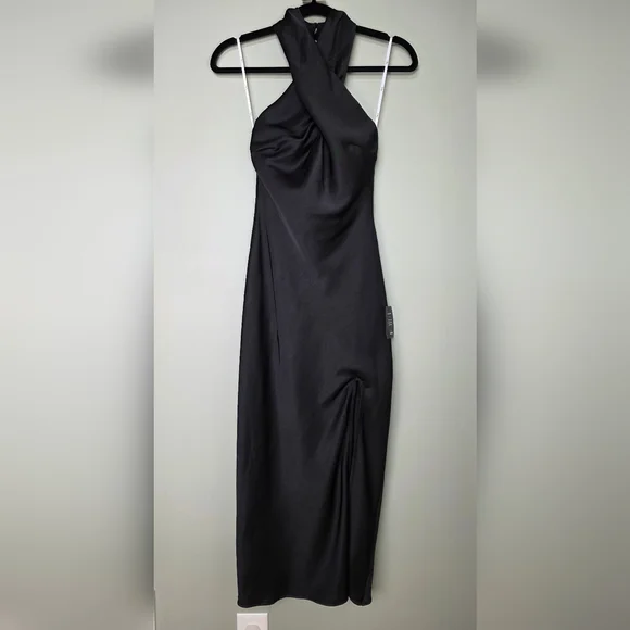 Lulus Beyond Classy Black Satin Backless Keyhole Halter Midi Dress - Picture 4 of 13